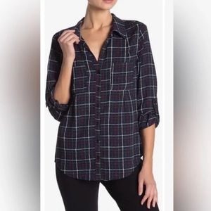 Joie Plaid Long Sleeve Button Down Blouse Navy